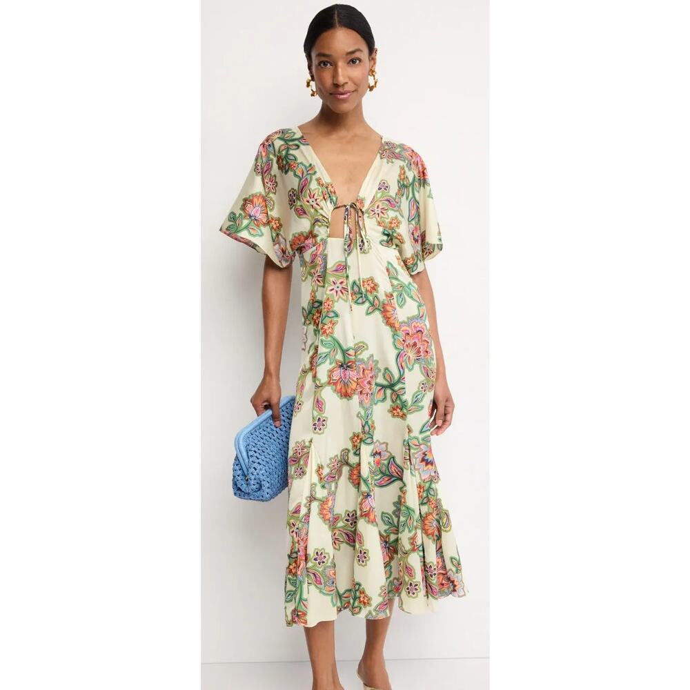 MISA Irena Dress Short Sleeve Cutout Midi Floral Lattice Cream S - Picture 1 of 13